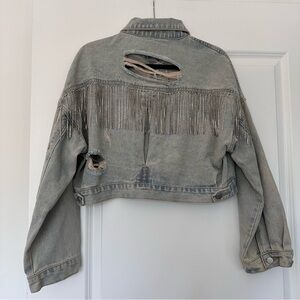 Blue B (S/M) Rhinestone Fringe Oversized Cropped Distressed Denim Jean Jacket